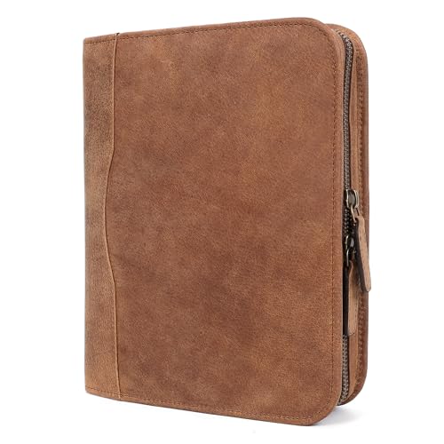 ELIZO Leather A5 Portfolio Padfolio Folio A5 Notebook Journal Cover Planner Binder Small Mens Business Work Folder Organizer (Saddle)