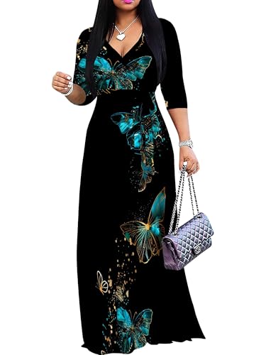Image of SUZONANA Plus Size Dresses for Women Print Maxi Dresses Flowy 3 /4 Sleeve with Belt