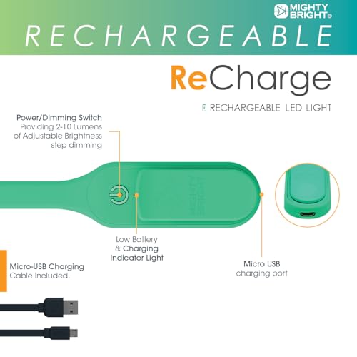 Image of The Original Mighty Bright Recharge Clip On Rechargeable Book Light Reading Light, Warm Eye Care LEDs, Flexible, Durable, Dimmable, Perfect for Kids, Bookworms, Reading in Bed, Lasts 60 Hours (Green)