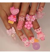 24Pcs Long Fake Nails Square Press on Nails with Cute Decoration Designs Full Cover Nude Pink Fal...