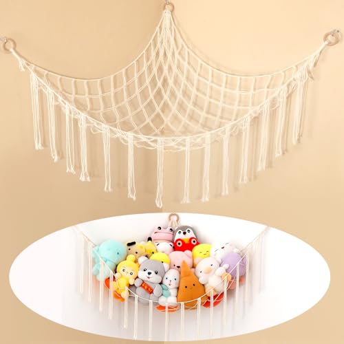 Toy Hammock for Stuffed Animals 41*41*59 Soft Cuddly Plush Toys Macrame Net Corner Hanging Organizer for Nursery Decor