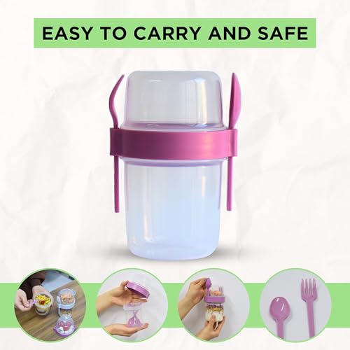 salda 4 Pack 22 oz Breakfast On the Go Cups, Take and Go Yogurt Cup with Topping Cereal Cup with spoon and fork, Overnight Oats or Oatmeal Container Jar, Colorful Set of 4