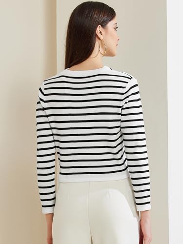 Image of Allegra K Striped Cardigan Sweater for Women's Long Sleeve Button Down Crewneck Trendy Knit Cardigans