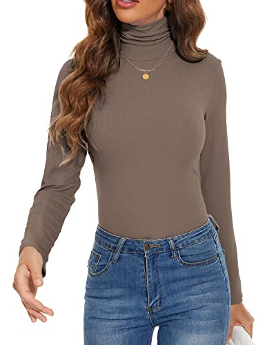 Womens Turtleneck Long Sleeve,Womens Tops Dressy Casual Thermal Shirts Underwear Long Inner Wear Tops Pullover Ribbed Sweaters Thermal Shirts Slim Fit Basic Layering Shirt Top Coffee Brown L