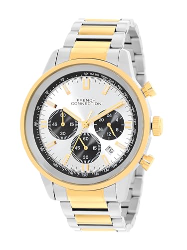 Image of French Connection Sunray Silver Round Dial with Gold Two Tone Stainless Steel Strap Chronograph Watch for Mens - FCN0120TM