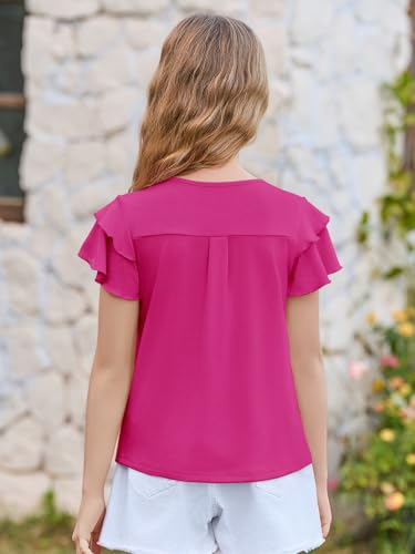 Image of Haloumoning Girls Pleated Ruffle Short Sleeve Shirts Kids Summer Crewneck T-Shirts Fashion Tops Tees 5-14 Years