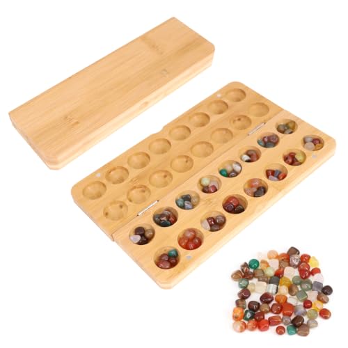 Faltbare Kalaha Spiel mit 65 Steine Kalaha Brettspiel mit Steinen Mancala Spiel aus Holz Steinchenspiel Edelsteinen Strategiespiele für Kinder Erwachsene