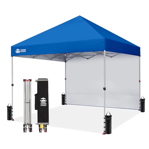 CROWN SHADES 8x8 Pop Up Canopy with 1 Side Wall - Beach Tent with One Push Setup - Outdoor Sun Shade for Events, Parties, Camping - Gazebo with STO-N-Go Cover Bag (Blue)