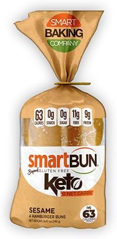 SmartBUN, Keto Hamburger Buns, Low Carb Bread, ZERO Net Carbs, Gluten Free, 4 Total Buns (Sesame)