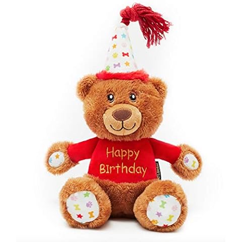 PET LONDON Happy Birthday Bear Dog Toy - Present to Celebrate Dog's Bday or Adoption - Soft Plush Teddy Gift for Dog or Pup with Embroidered Birthday Message, Squeaky, Stylish Great Animal Gift Cover