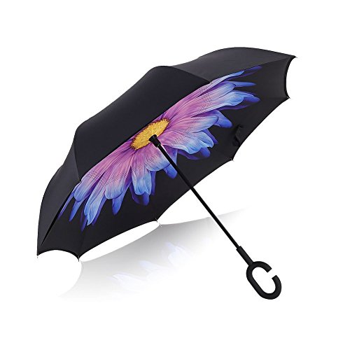Deerbird® Compact inversé Parapluie double couche de couleur Daisy mains libres coupe-vent UV protection parapluies de recul avec fibre côtes Anti-silp Poignée pour des Mères, Business et de voyage