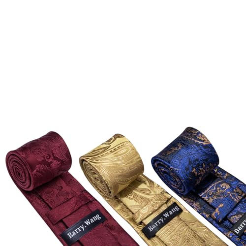 Image of Barry.Wang 6 PCS Men Ties Set Silk Business Fashion Woven Necktie Handkerchief Cufflinks Paisley Stripe Wedding Party