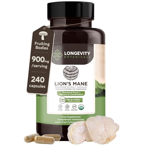 Longevity Botanicals Lion’s Mane Mushroom Extract Capsules (240) | Concentrated 8:1 Ratio | 100% Fruiting Bodies | Hericium Erinaceus Nootropic Supplement for Focus, Memory & Brain Support