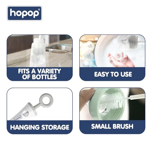 Image of Hopop Baby Feeding Bottle Cleaning Brush & Nipple Cleaner | 2 in 1 Flexible Bristle Bottle Brush| Grooved Handle with Easy Hanging Storage | Easy to Clean Narrow & Wide Neck Feeding Bottles |Grey