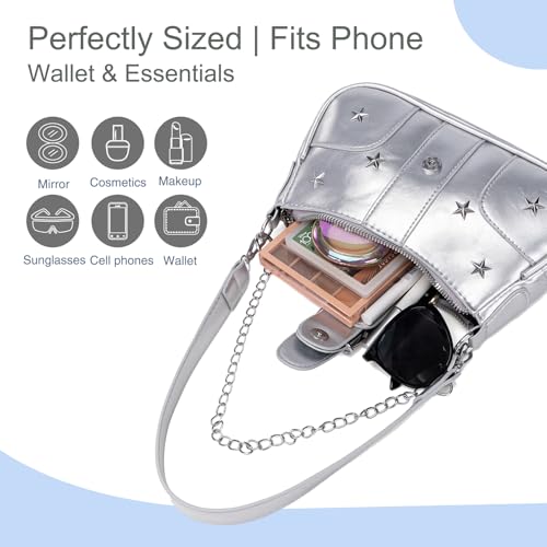 Image of Women's Y2k Silver Metallic Hobo Purse - Sparkly Evening Shoulder Bag for Party, Wedding, Going Out Handbag | Metallic Evening Bag
