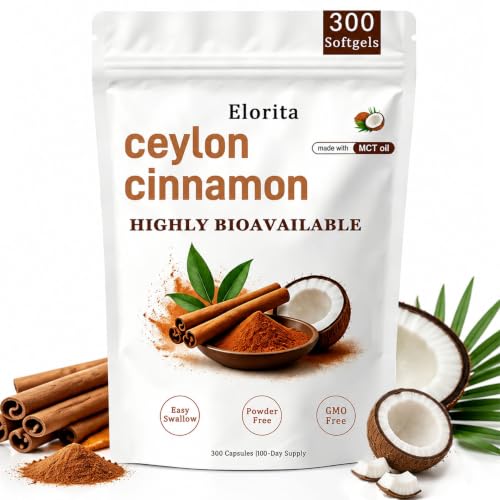 Elorita Ceylon Cinnamon Soft Gels with MCT Oil Highly Bioavailable Herbal Extracts True Ceylon Cinnamon Supplement Natural Energy Non-GMO Gluten Free 300 Soft Gels