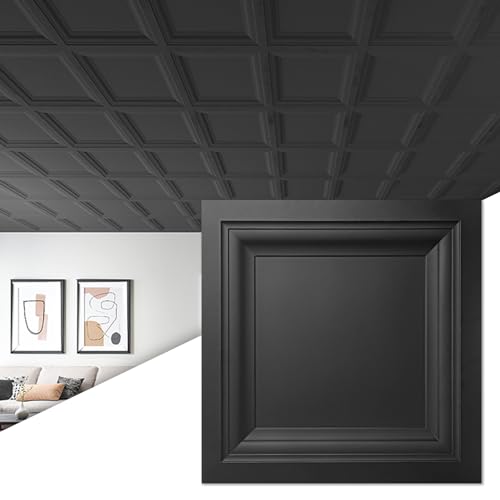 Art3d 24-Pack Square Drop Ceiling Tile 2ft x 2ft in Black PVC Ceiling Panel 24 x 24in. - Compatible with 15/16 Drop Ceil Grid System