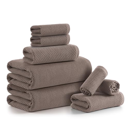 REDKISS Quick Dry Waffle Towel Set of 8 100% Cotton Lightweight & Highly Absorbent Waffle Towels for Bathroom Spa Gym Pool-2 Bath Towels 2 Hand Towels & 4 Washcloths Brown