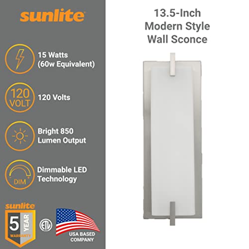 Image of Sunlite 81034 13.5-Inch Modern Brushed Nickel Wall Sconce Light Fixture, 15 Watts (60W=), 850 Lumens, 3000K Warm White, Dimmable, ETL Listed, for Hallways, Offices and Bedroom Use