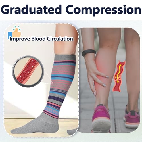 Image of +MD Cotton Compression Socks for Women & Men 4 /6 Pairs 15-20mmHg Knee High for Sports, Travel, Nursing Long Sitting Standing