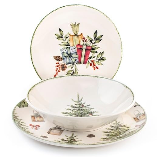 18-teiliges Weihnachts-Geschirrset aus Steinzeug für 6 Personen – Spülmaschinenfest & Mikrowellengeeignet – Inkl. Speiseteller, Dessertteller & Suppenteller (Frohe Weihnachten)