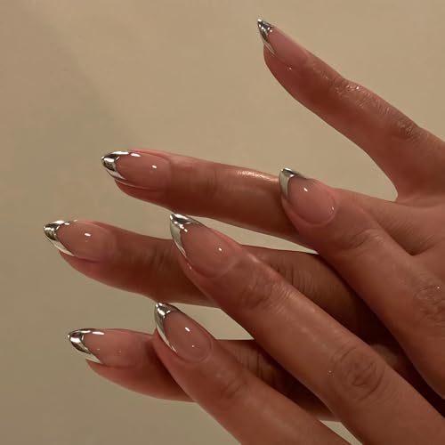 Glazed Donut Silver Gray French Tip Press on Nails Almond, Brown French Chrome Nails Press ons for Women, Aurora Glue on Nails Medium Length, Reflective Mirror Acrylic Nails Light Weight Fit Perfectly
