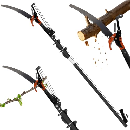 20FT Reach Manual Pole Saw, 2-in-1 Pole Pruner for Tree Trimming, 4-Section 5-12FT Retractable Square Pole, Labor-Saving Pulley & Hardened Steel Blade for Fruit, Palm, High Orchard Branches by Veebuyla - Used condition - US$73.86