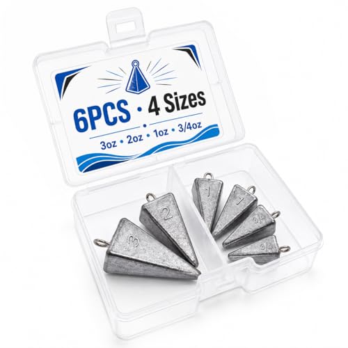 SANWEAL Pyramid Sinkers Fishing Weights 6PCS 4 Sizes 3/4oz-3oz Lead Sinkers for Saltwater Surf Fishing Beach Pier Bottom Rigs Pompano Fish Finder Rigs Sandy Bottom Strong Current