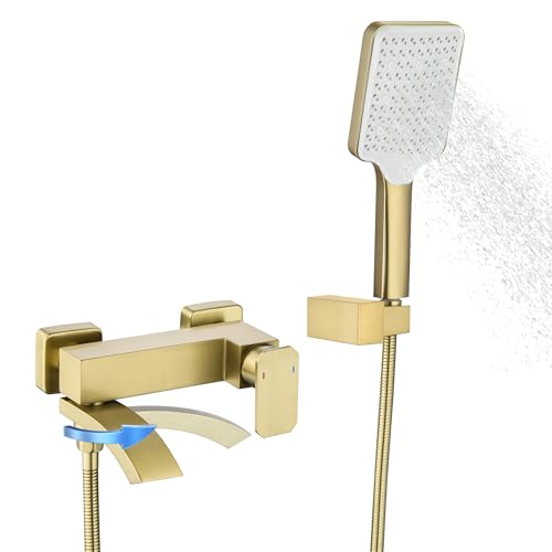 BAITUJIE Robinet de baignoire doré avec douchette 3 fonctions, grande taille, robinet de salle de bain avec bec rotatif à 90°, doré brossé