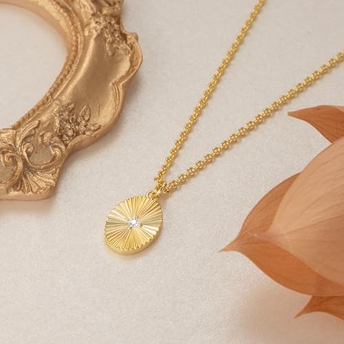 14K Gold Necklaces for Women Gold Pendant Necklace for Women with Cubic Zirconia Radiating Fan Texture Dainty Oval Necklace for Womens 6