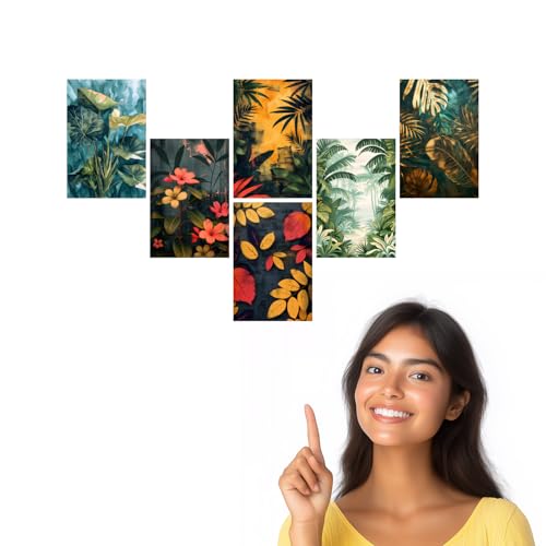 Image of SiddArtify Tropical Botanical Art Prints Set - Teal - Gold - Coral Leaves - Flowers - Set of 2-4x6 Inch - Board (Pack of 6) - Sticker (Pack of 6) Wall Room Decoration art Poster Prints