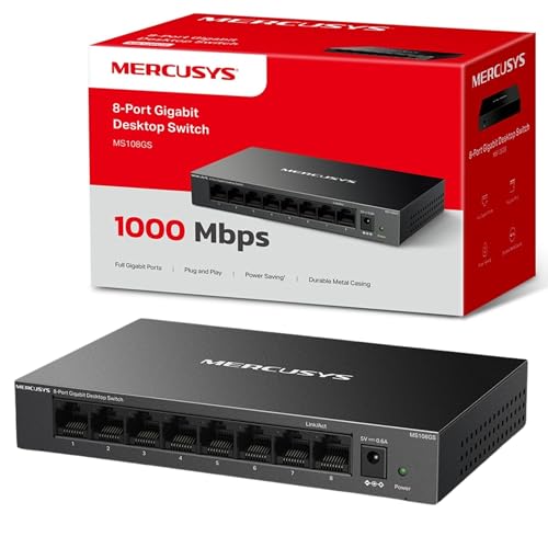 MERCUSYS MS108GS 8-Port Gigabit Network Switch, 8× 10/100/1000Mbps Ports, Multiple Installation Ethernet Splitter, Auto-Negotiation, Auto-MDI/MDIX, Power Saving, Metal case, No Configuration