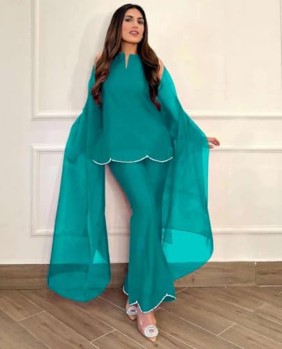 Image of Pearl Embroidered Solid Kurta Palazzo Set|Indo Western Party Outfit with Organza Net Dupatta|Sleeveless Kurti for Women