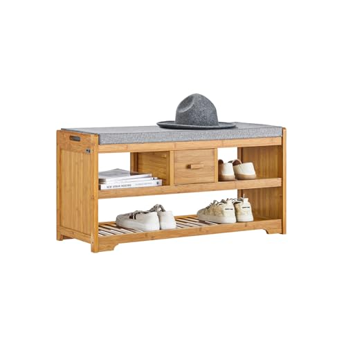 SoBuy® FSR75-N Étagère à Chaussures avec tiroir, Banquette Siège pour chausser, Meuble à Chaussures Banc de Rangement Chaussures en Bambou- L91xP34xH45cm