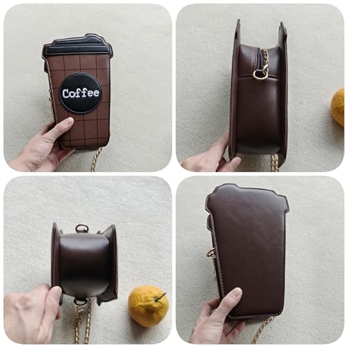 Women's Small Brown Unique Trendy Fun Coffee Cup Shaped Vegan Leather Crossbody Purse Bag with Gold Chain4