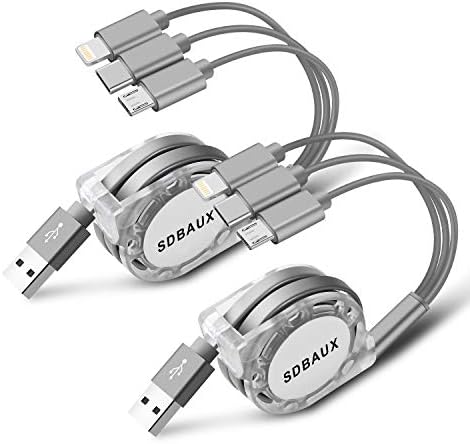 SDBAUX Multi USB Charger Cable Retractable 2Pack 4ft 3 in 1 Multiple Charging Cord Adapter with Mini Type C Micro USB Port Connectors Compatible with Cell Phones Tablets Universal Use (Charging Only)