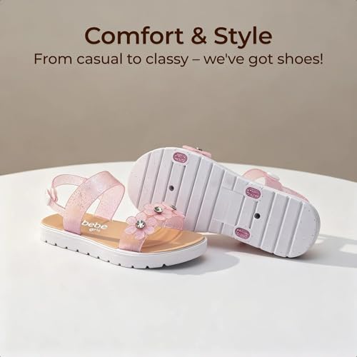 Image of bebe Girl's Flat Sandals - PCU Sandals with Flower, Bow, and Rhinestone Details for Toddler /Little Kid /Big Kid