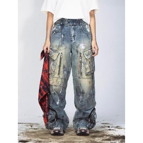 Men's Retro Workwear Jeans, Men's high Street Graffiti Multi Pocket Loose Straight Leg Wide Leg Floor Pants4