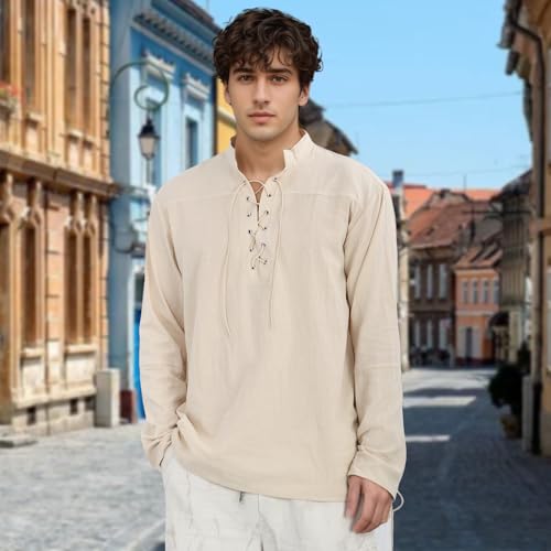 Ynport Crefreak Camisa Hombre Manga Larga Estilo Casual - Disfraz Medieval Vintage Camisa Vikinga de Algodón Clásica con Cordones