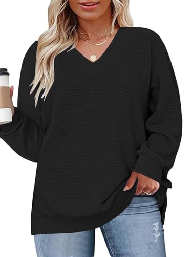 DOLNINE Plus-Size-Tops for Women Casual V Neck Pullover Cute Waffle Knit Lantern Sleeve Sweaters Fashion Side Split Tunics