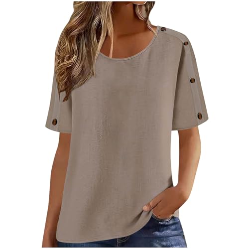 Slxbear Blusa de gasa de algodón para mujer con botón de hombro para verano, de gran tamaño, cómoda, de algodón, lino, manga corta, cierre de cuello redondo, lisa, casual, para negocios, tallas S-XXL