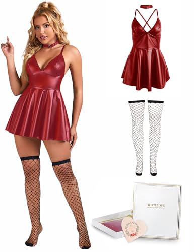 ohmydear Lederkleid Damen Sexy Kurz Babydoll Leder Dessous Damen A-Linie Clubwear Sexy Outfit für Frauen PU-Leder Kleid mit Strümpfe im Box für...