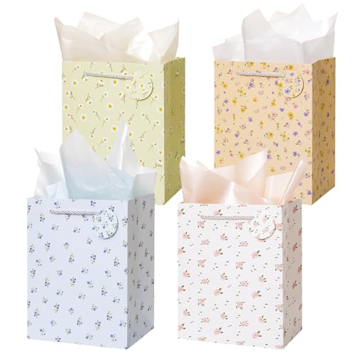 Crisky Bags for Small Business 4 Pack Medium Gift Bags with Handles Wildflower Floral Wedding Gift Bag Medium Size Goodie Bags with Tissue Paper for Bridal Shower Engagement Birthday Graduation