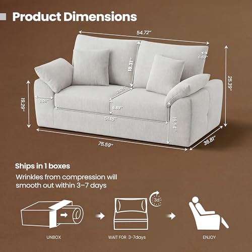 Image of 75.6 inch Boneless Loveseat Sofa, Polyester Fabric 2-Seater Couch with 4 Pillows, No Assembly Required, Soft High Density Foam Cushion, Rectangular Track Arm Sofa for Living Room Bedroom Apartment (Beige)