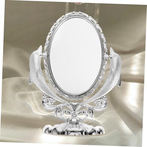 Miroir cosmétique double face pivotant de table avec socle stable design dauphin argenté