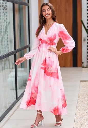 Image of Maxigerui Women's Long Sleeve Floral Maxi Dress 2026 Spring Summer Wedding Guest Dress Orange Watercolor XL