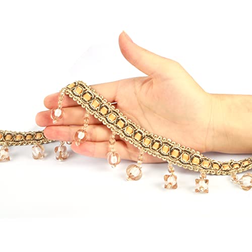 Fenghuangwu 6.5 Yard Handmade Beaded Hanging Tassel Pendant Fringe Trim Fabric Ribbon Trimming, 8Cm/3.15Inch Diameter Hand Knitting Tassel Fringing Trimmings For Decor, Diy（Beige） #TOP1