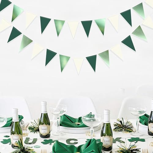 Image of Sage Green Decorations Hanging Paper Pennant Banner Flag Green Beige Triangle Bunting Garland for Birthday Baby Shower Wedding Engagement Neutral Safari Wild One Woodland Jungle Theme Party Supplies