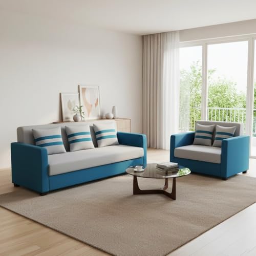 Image of FURNY Lifestylio 5 Seater Fabric 3+2 Sofa Set (Light Grey-Aqua Blue) Premium Velvet Finish | Ideal for Living Rooms, Offices