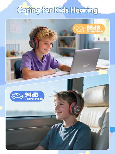Image of Acer OHW328 Kids Headphones Wired for School - Over Ear Design | 85 /94dB Safe Volume, 3.5mm Jack Foldable Headphones for Kids Boys Girls Classroom Yoto Player Chromebook Travel Black Red